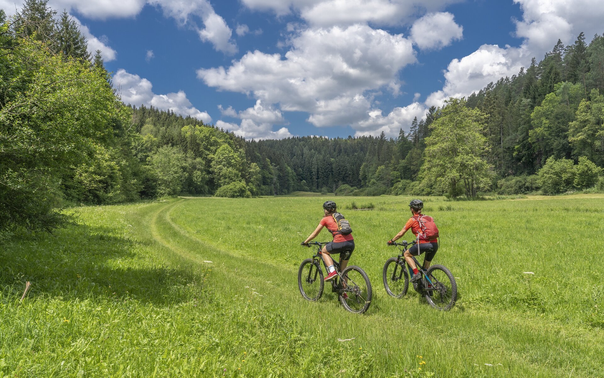 Grandmother with electric mountain bike and granddaughhter witho