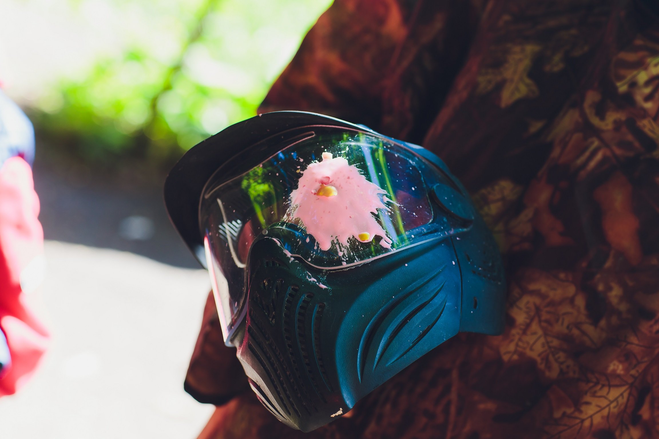 Paintball Mask With Pink Red Shot Mark.